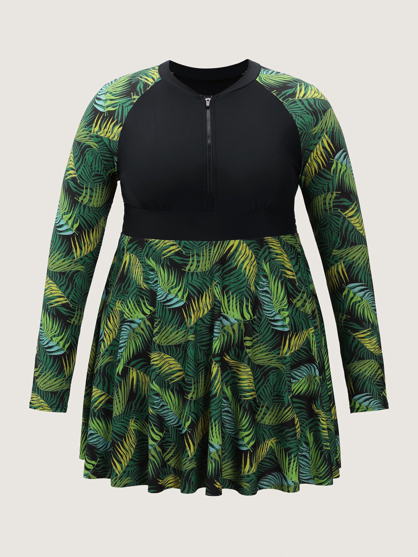 Tropical Plant Colorblock Pocket Swim Dress