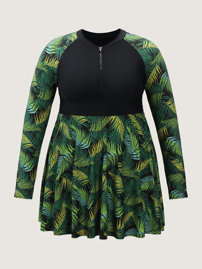 Tropical Plant Colorblock Pocket Swim Dress