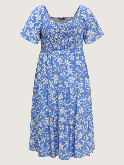 Silhouette Flower Print Shirred Pockets Midi Dress