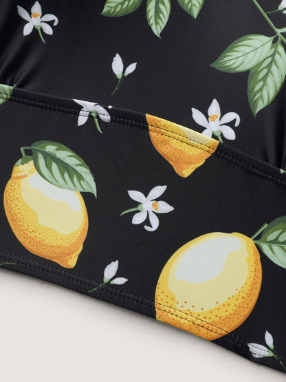 Lemon Print Scoop Neck Swim Top
