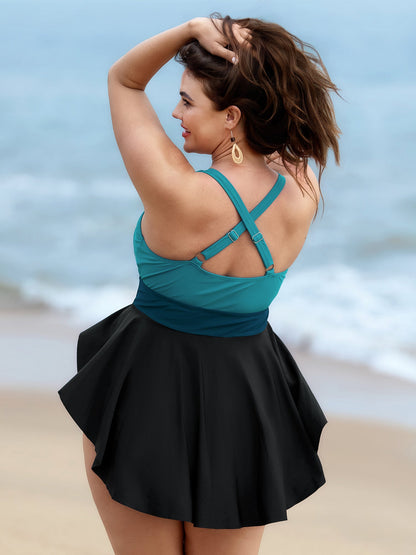 Colorblock Drawstring Adjustable Swim Dress