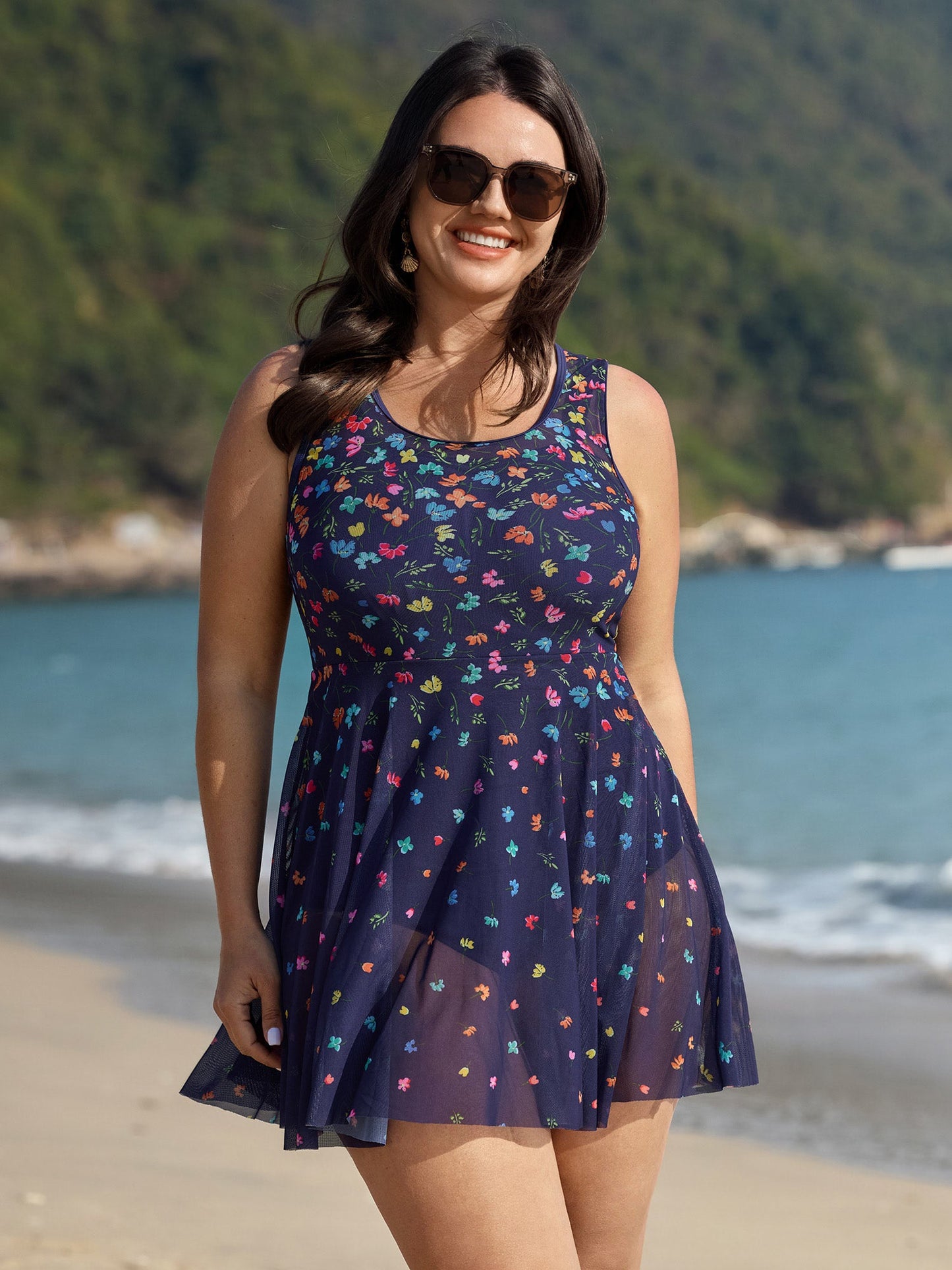 Multi-Color Print Sheer Swim Dress