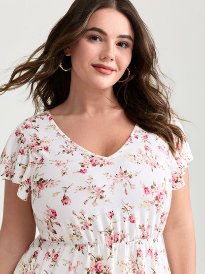 Cute Floral Print Stretchy Knit Top