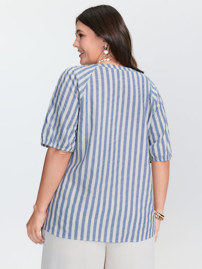 Sun-Washed Cotton Striped Print Neck Tie Blouse