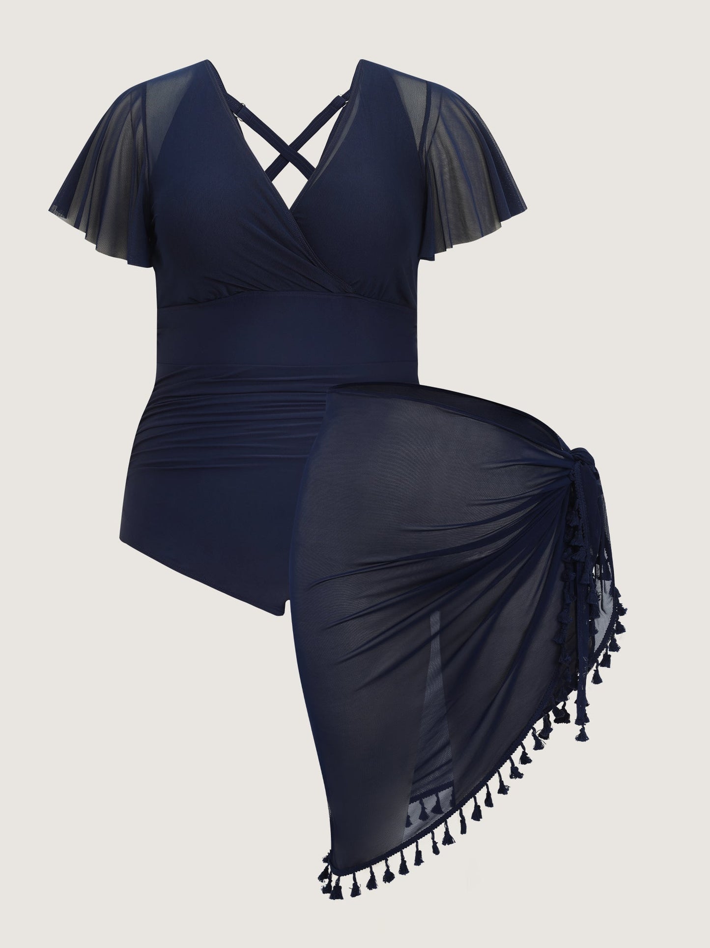 Sheer Sleeve Tassel Hem One-Piece Swimsuit