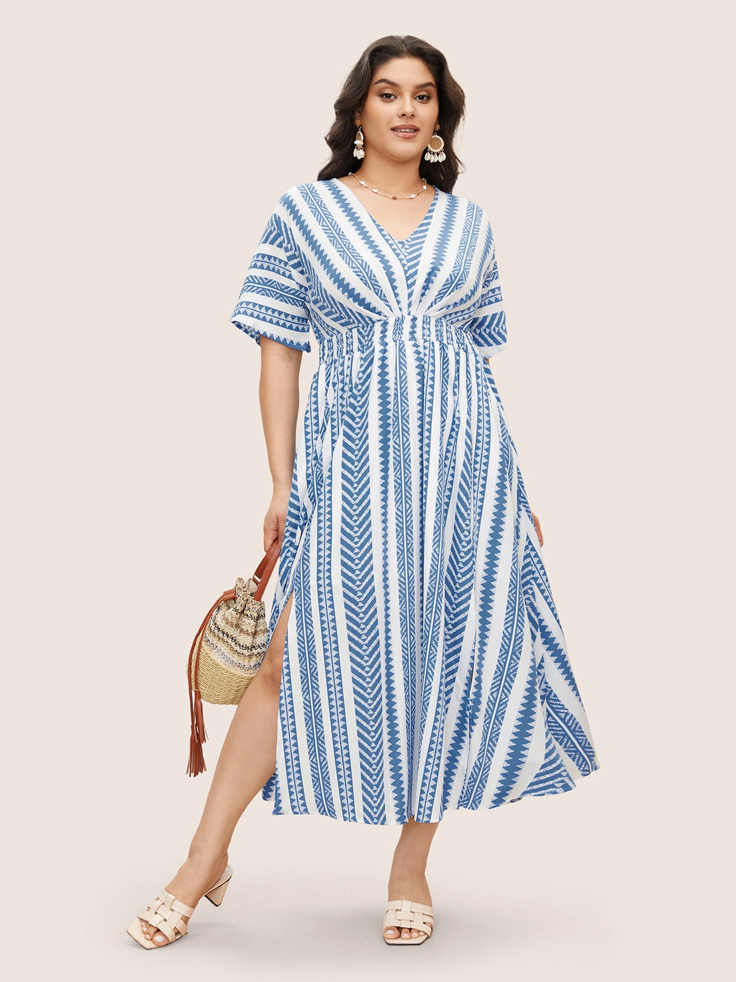 plus size Solid Geometric Dolman Sleeve Pocket Shirred Split Hem Dress
