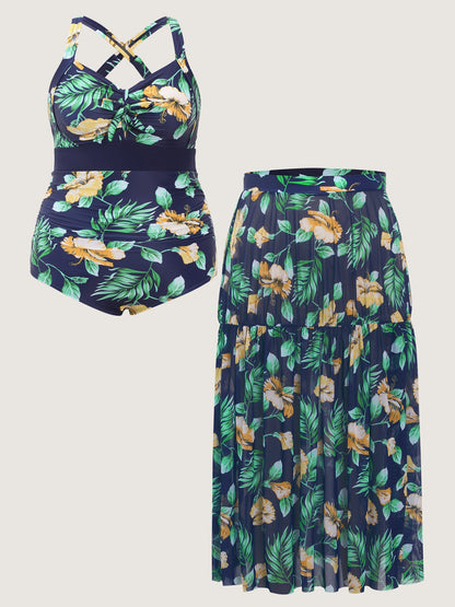 Tropical Print One Piece Swimsuit Sarong Set