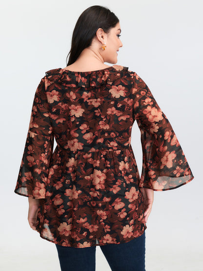 Floral Print Ruffled Neckline Blouse