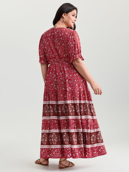 Vibrant Floral Print Color Contrast Maxi Dress