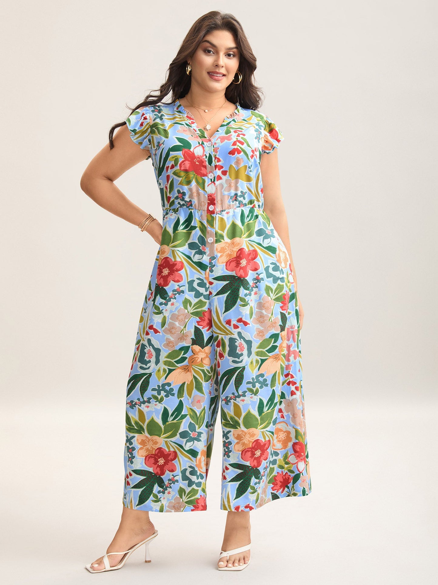 plus size Sunkissed Floral Print Button Wide-Leg Jumpsuit