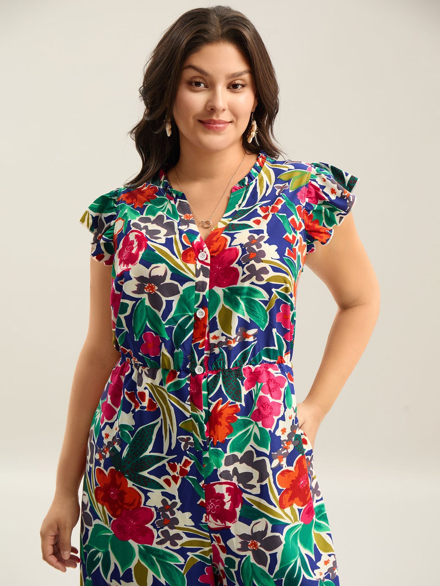 plus size Sunkissed Floral Print Button Wide-Leg Jumpsuit