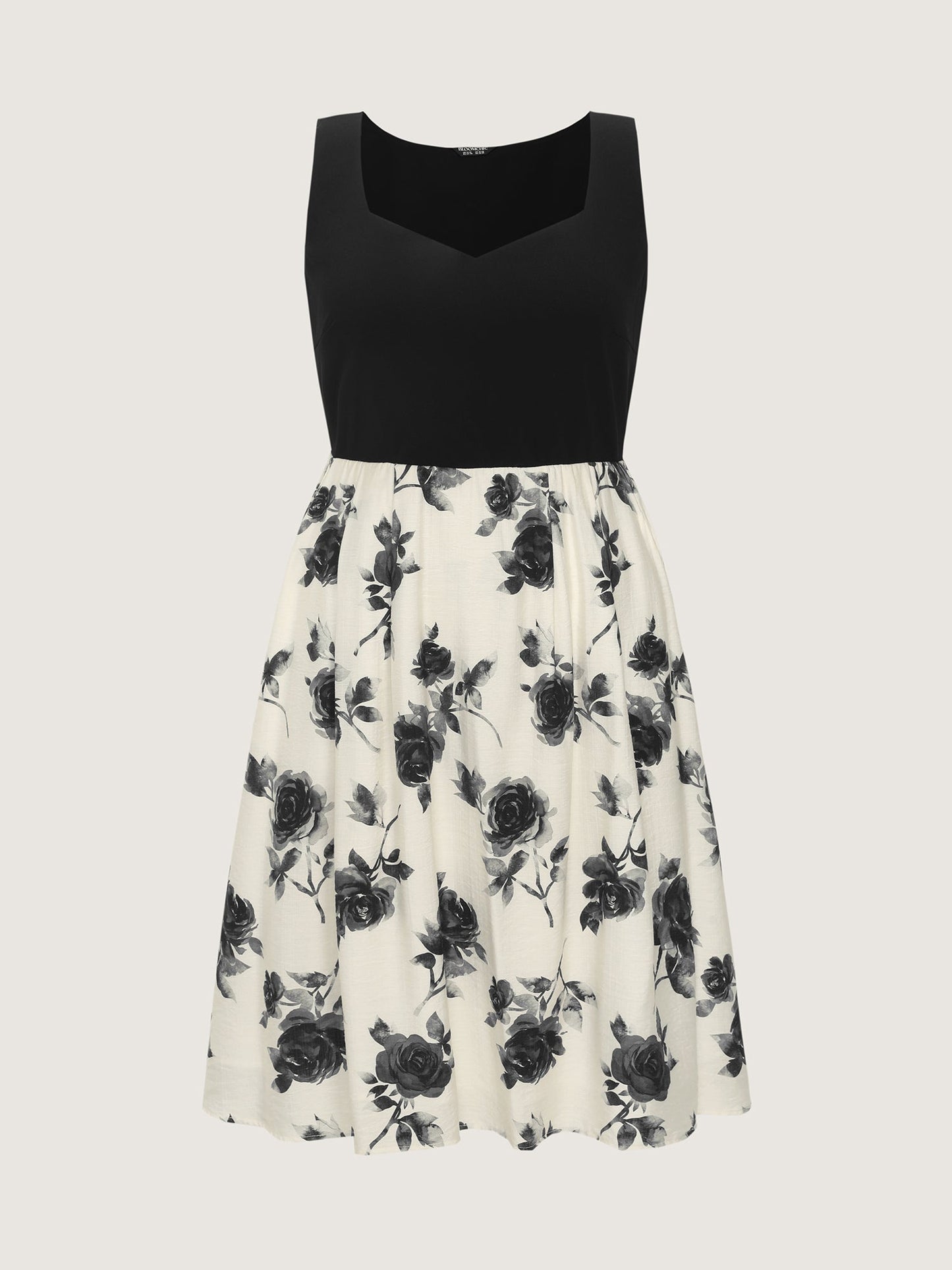 Color Contrast Floral Sweetheart Midi Dress