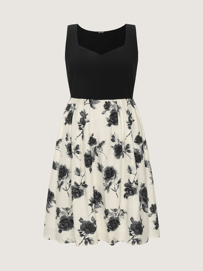 Color Contrast Floral Sweetheart Midi Dress