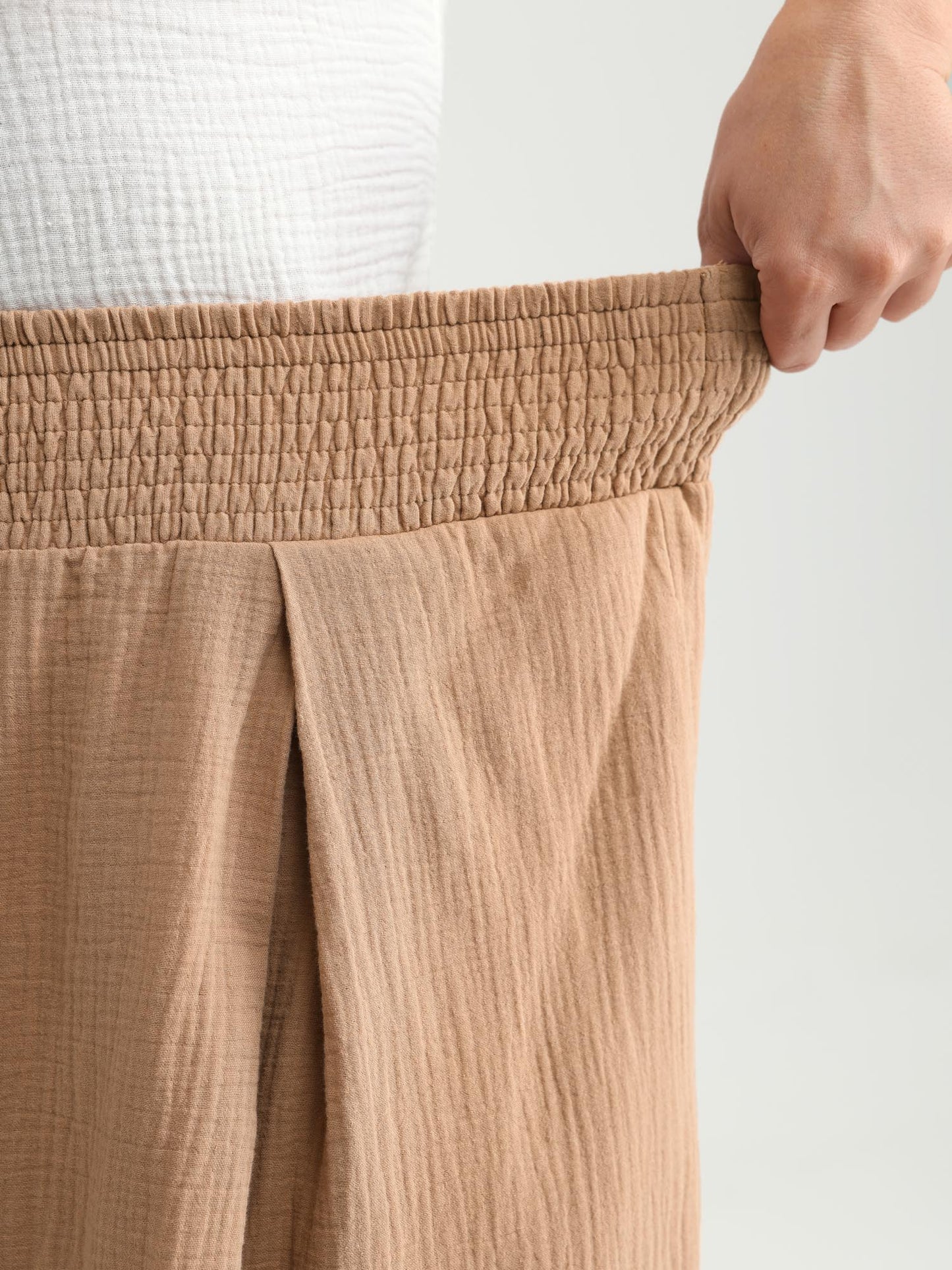 Cotton Pleated Shirred Waist Pants