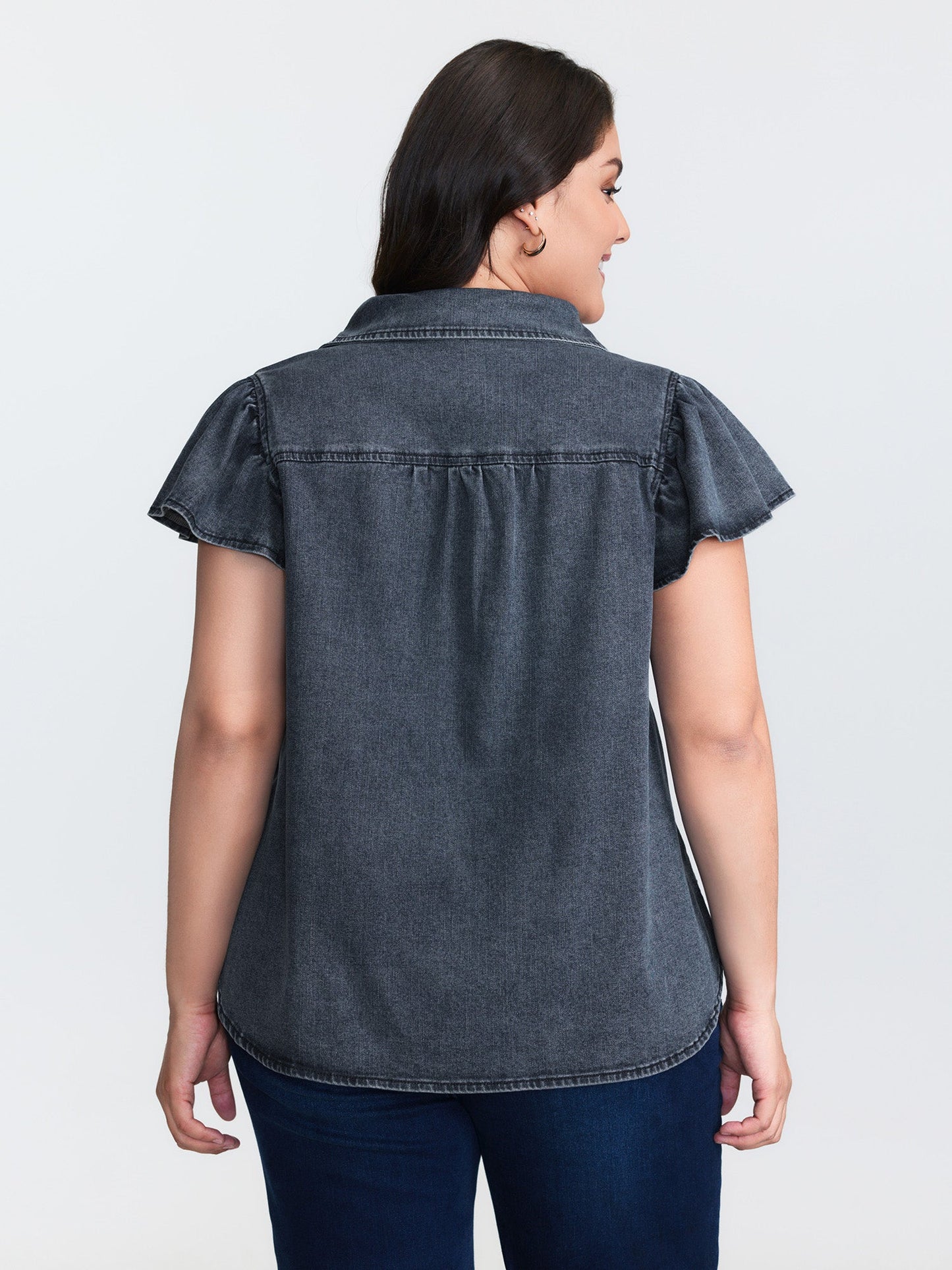 Stretchy Lotus Leaf Sleeve Denim Top
