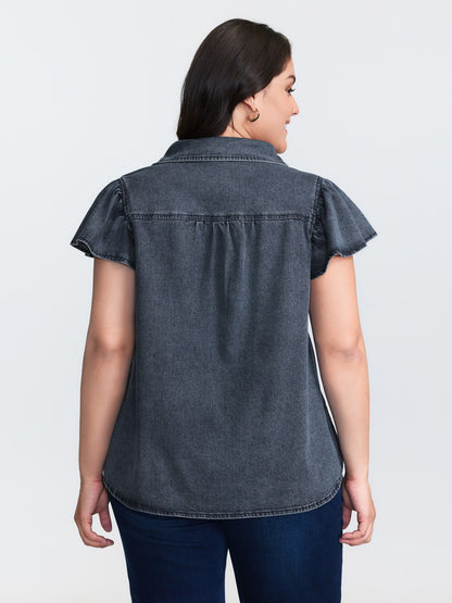 Stretchy Lotus Leaf Sleeve Denim Top