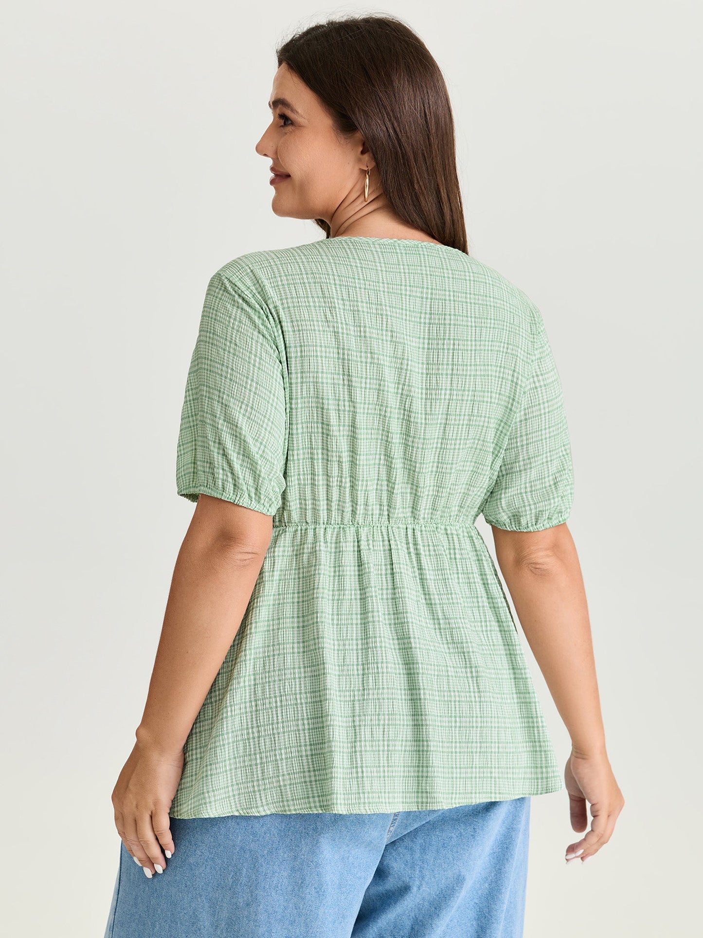 Grid Textured Drawstring Neckline Blouse