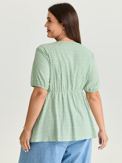 Grid Textured Drawstring Neckline Blouse