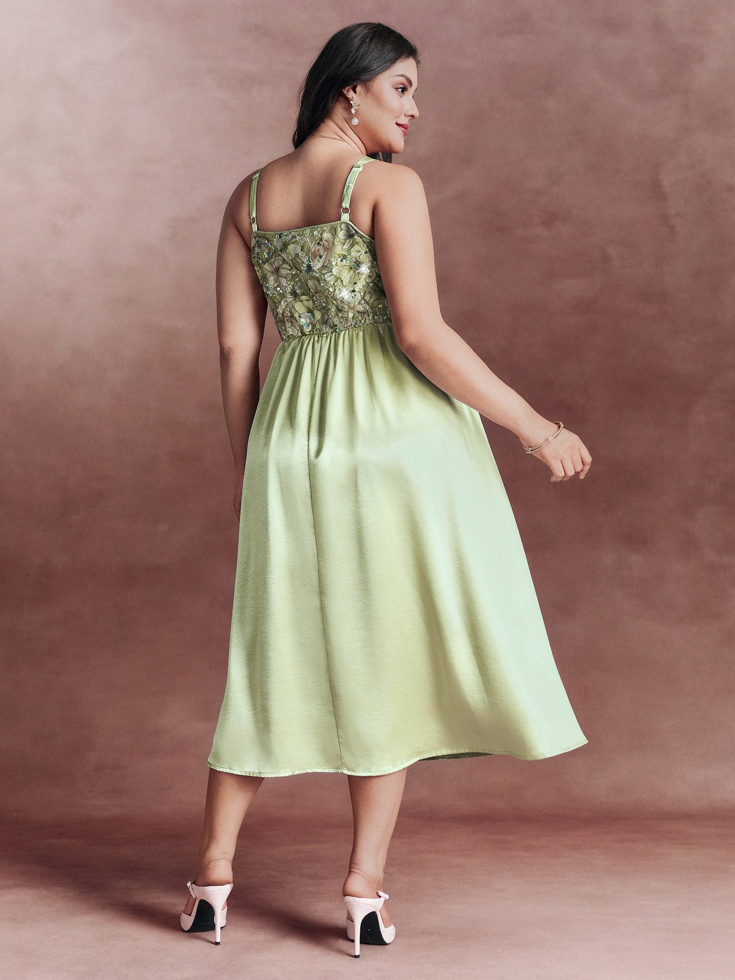 Sequin Floral Embroidered Satin Slit Hem Midi Dress