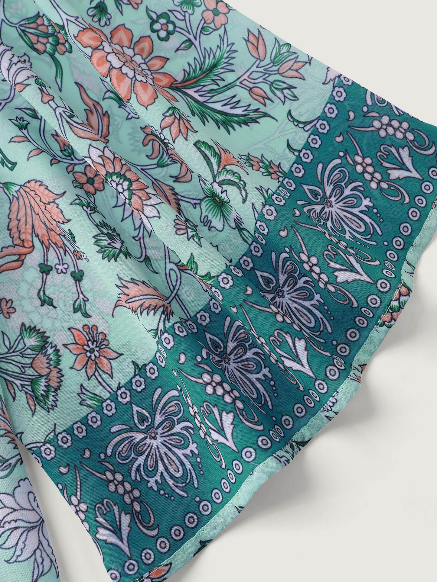 Floral Color Contrast Front-Tie Swim Cover-Up