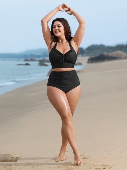 Bust Knot-Tie Ruffle Trim Supportive Swim Top