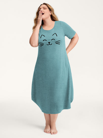 Happy Cat Print Stretchy Contrast Nightgown