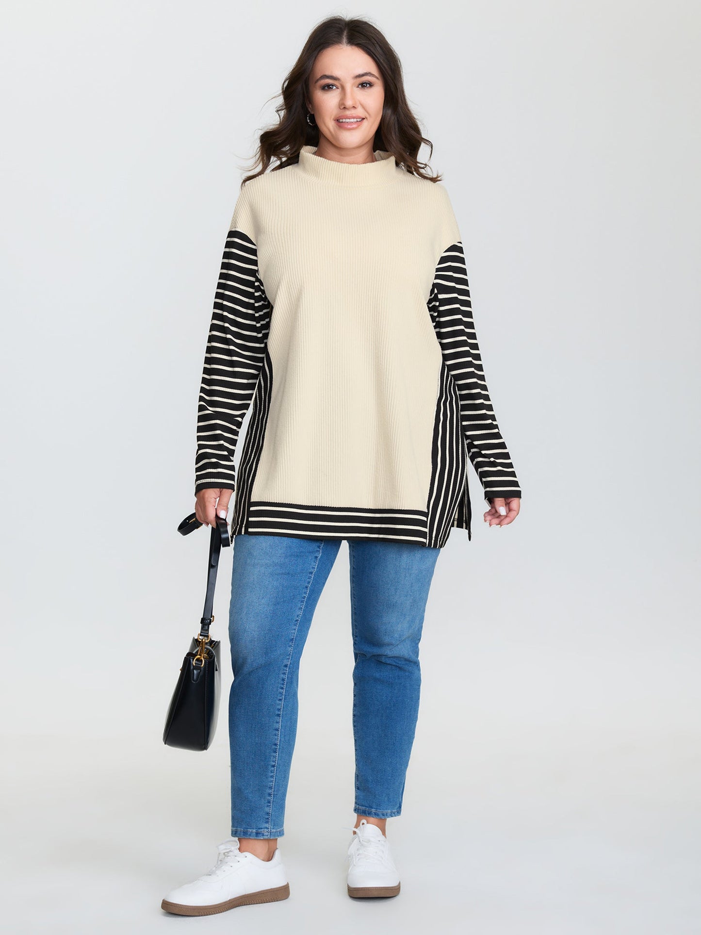 Striped Color Contrast Mockneck T-Shirt