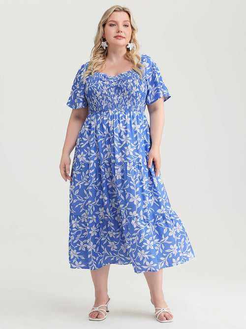 Silhouette Flower Print Shirred Pockets Midi Dress