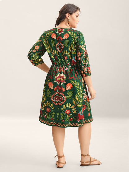 Boho Print V-Neck Pockets Mini Dress