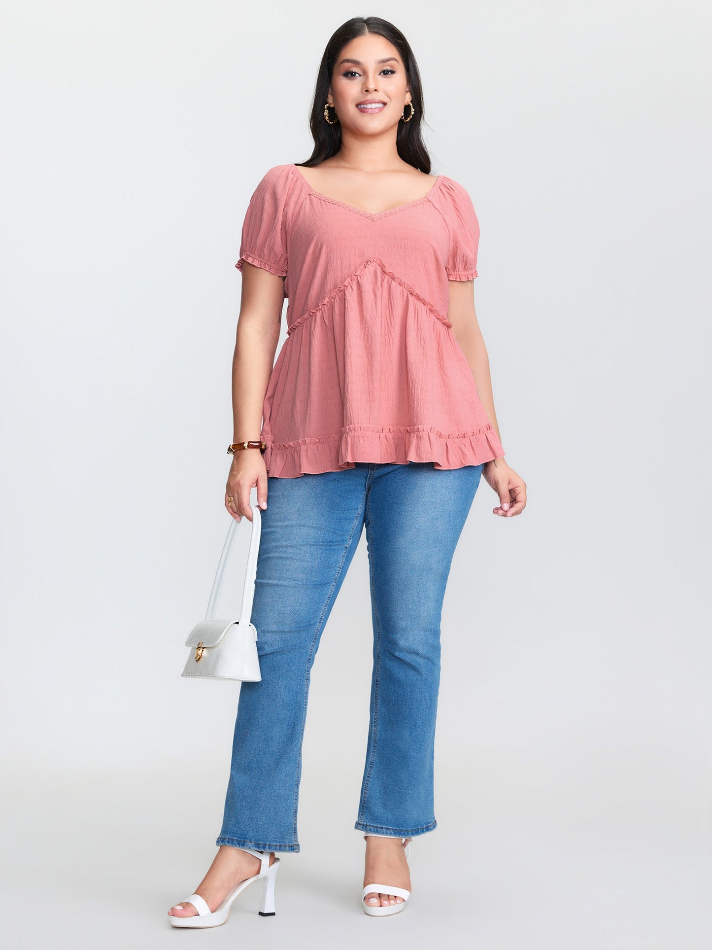 Lace Trim Ruffled Hem Plain Blouse