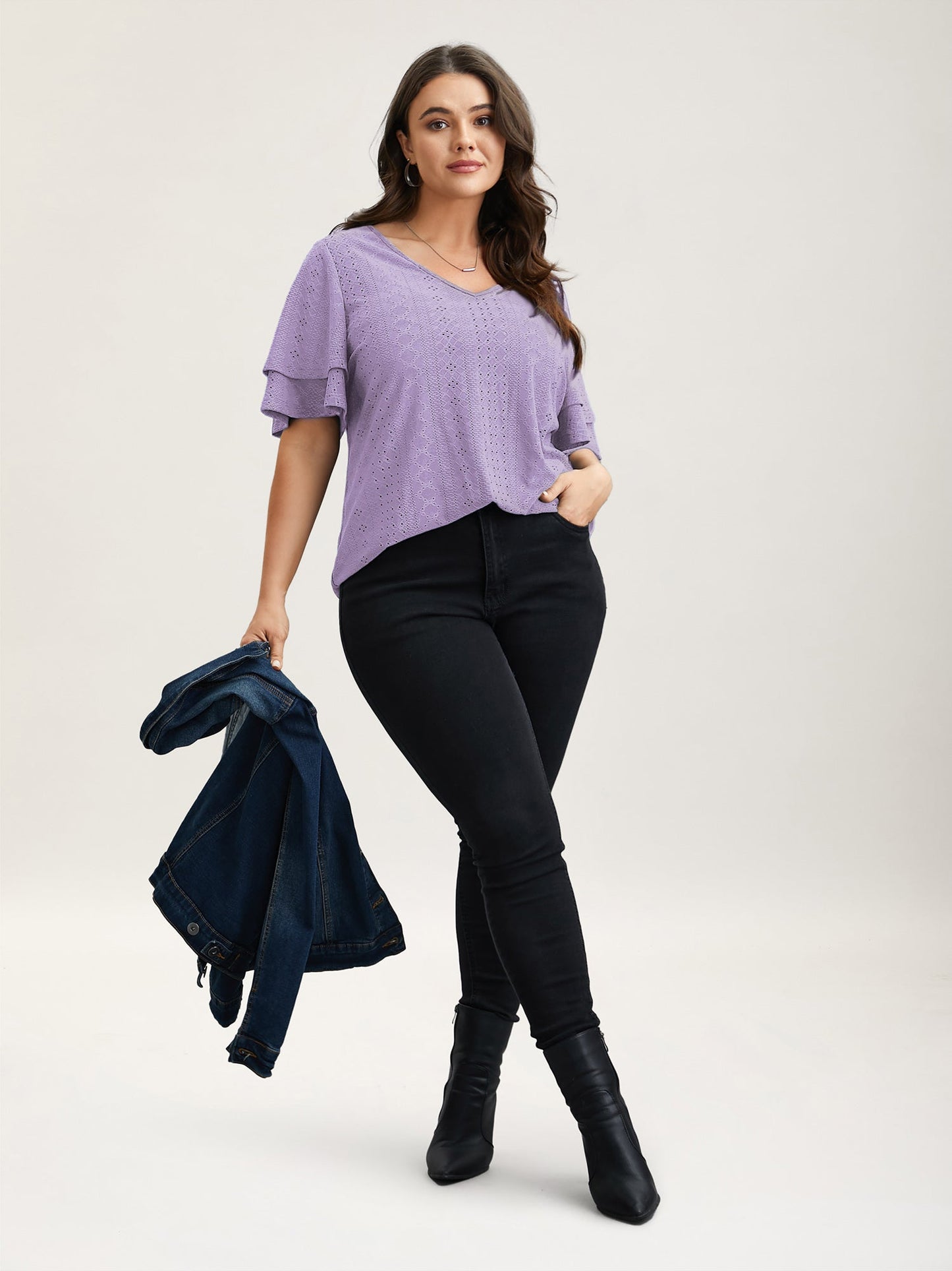 Jacquard Textured Lotus Leaf Sleeve Top