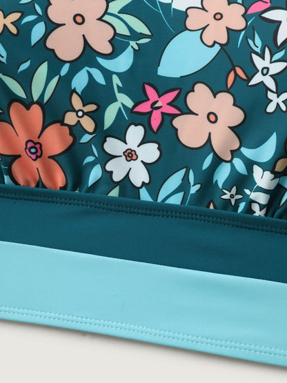 Floral Print Color Contrast Swim Top