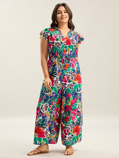 plus size Sunkissed Floral Print Button Wide-Leg Jumpsuit