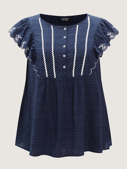 Embroidered Neckline Ruffled Sleeve Blouse
