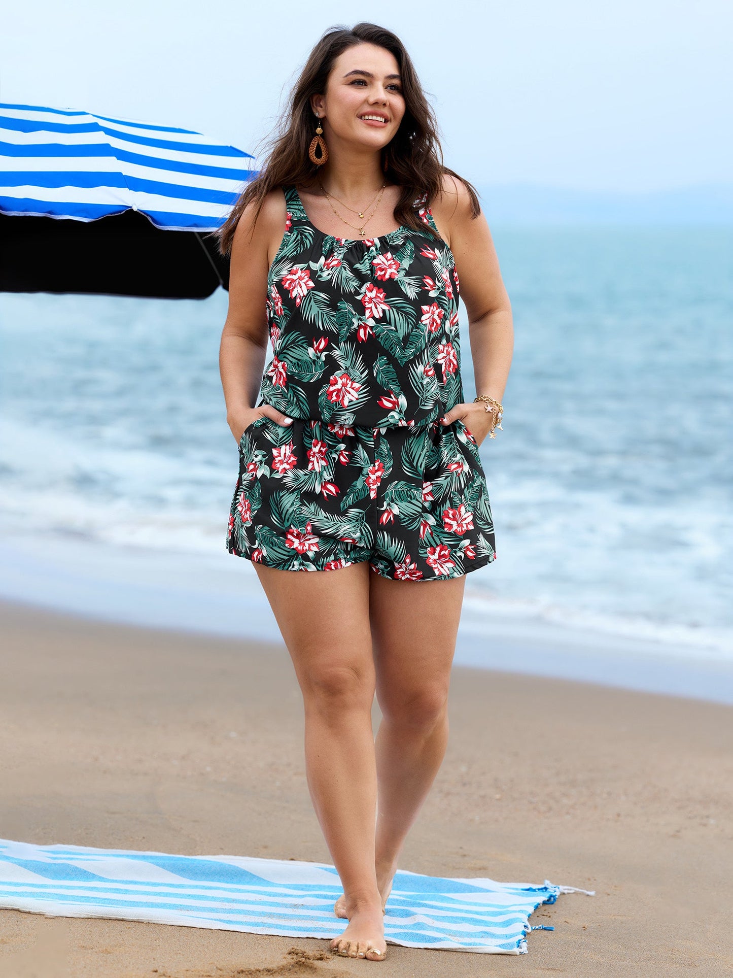 plus size Tropical Flower Print Pockets One-Piece Swimsuit