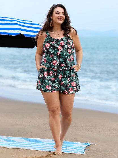 plus size Tropical Flower Print Pockets One-Piece Swimsuit