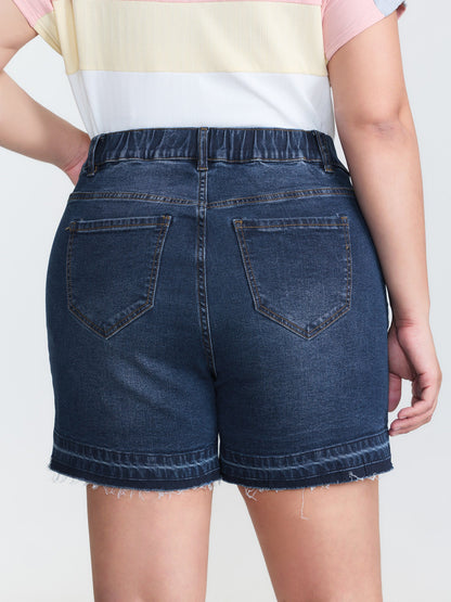 Stretchy Waist Ripped Hem Denim Shorts