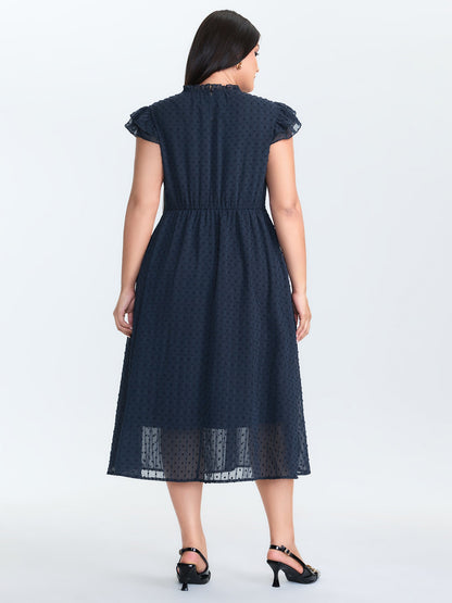 Textured Sheer Ruffled Mock Neckline Midi Dress