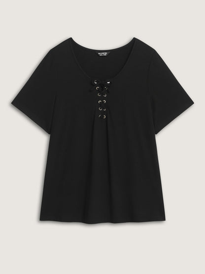 Cross Tie Neckline Plain T-Shirt