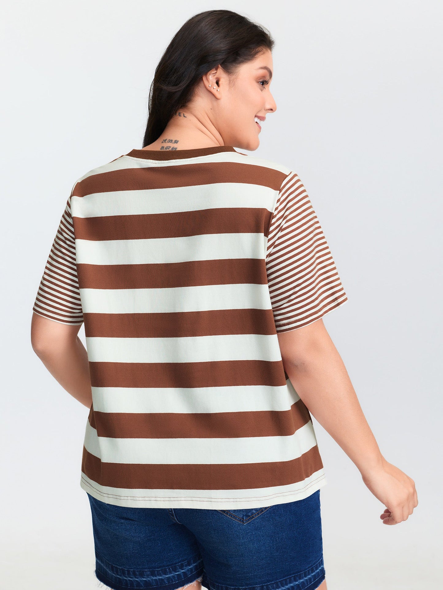 Cotton Striped Print Spliced Round Neck T-Shirt