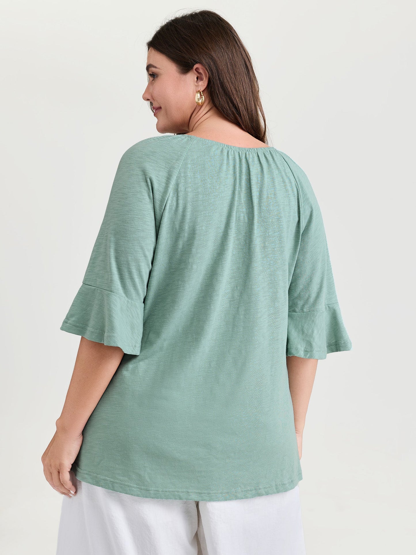 Ruffled Sleeve Shirred Neckline Plain Top