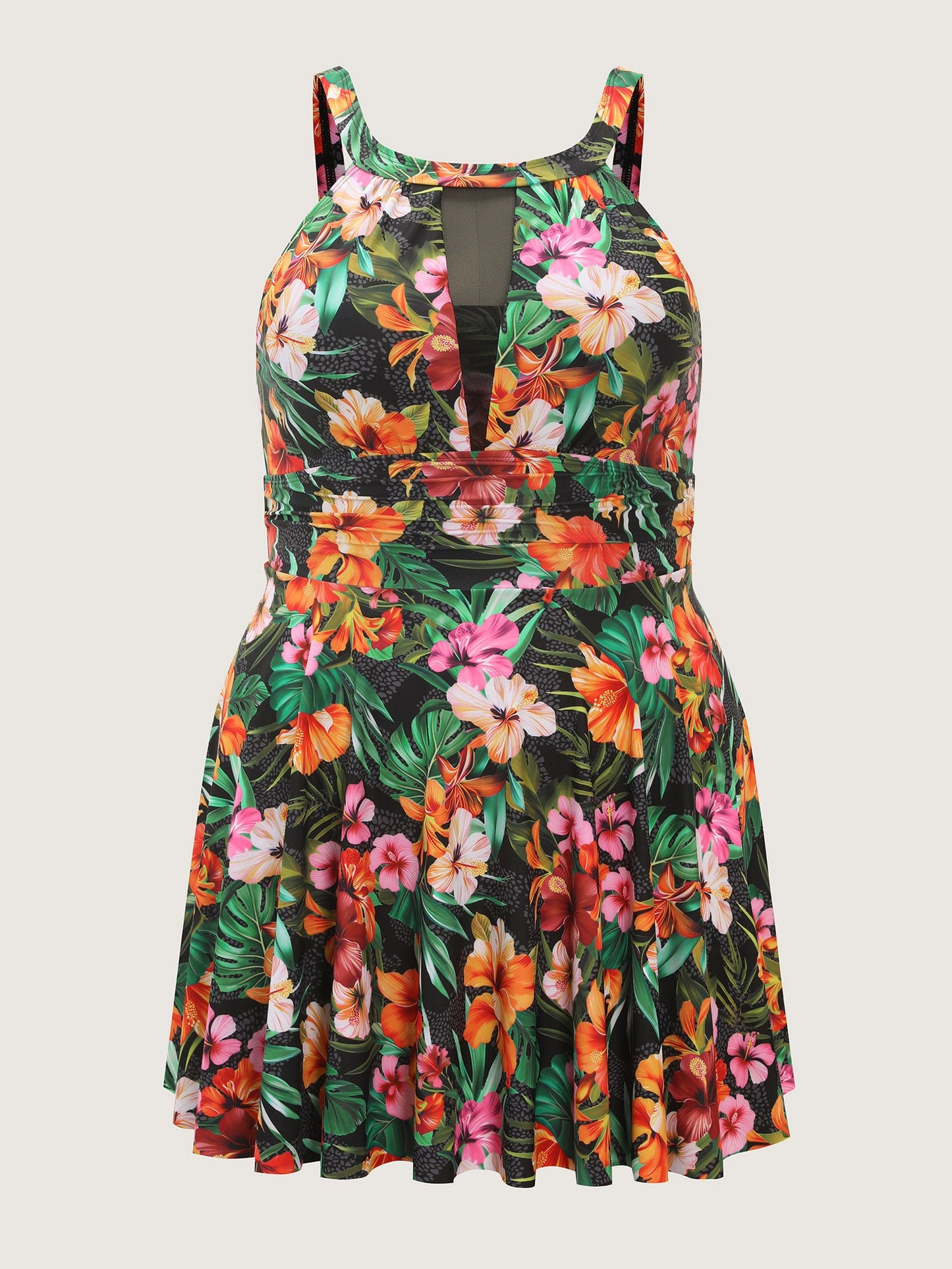 Tropical Floral Print Hip Coverage Swim Dress