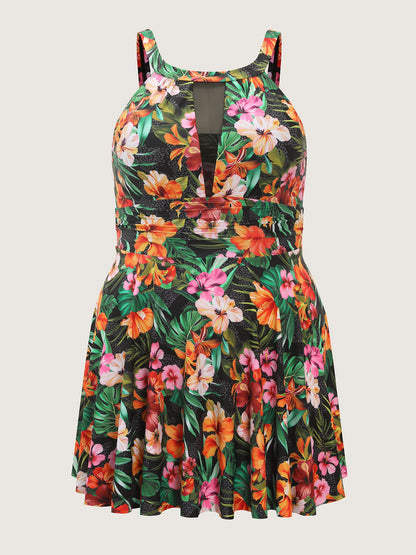 Tropical Floral Print Hip Coverage Swim Dress