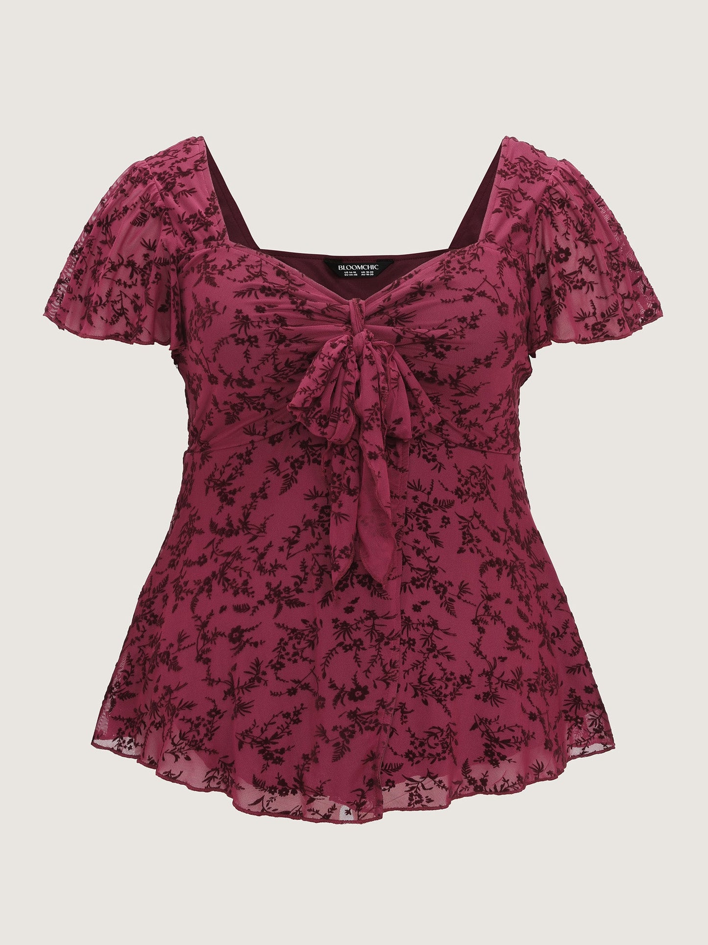 Floral Flocked Mesh Knotted Front Top
