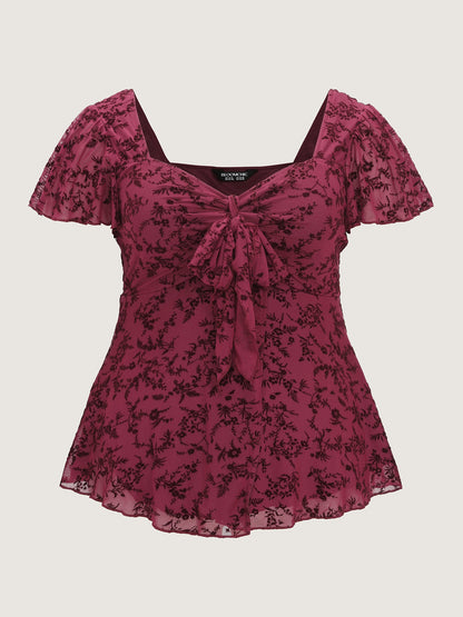 Floral Flocked Mesh Knotted Front Top