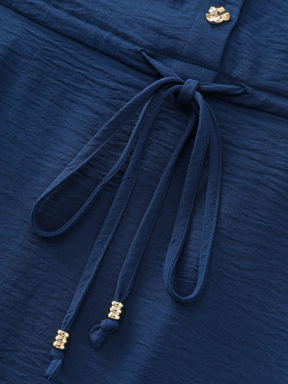 Collar Button Detail Waist Drawstring Mini Dress