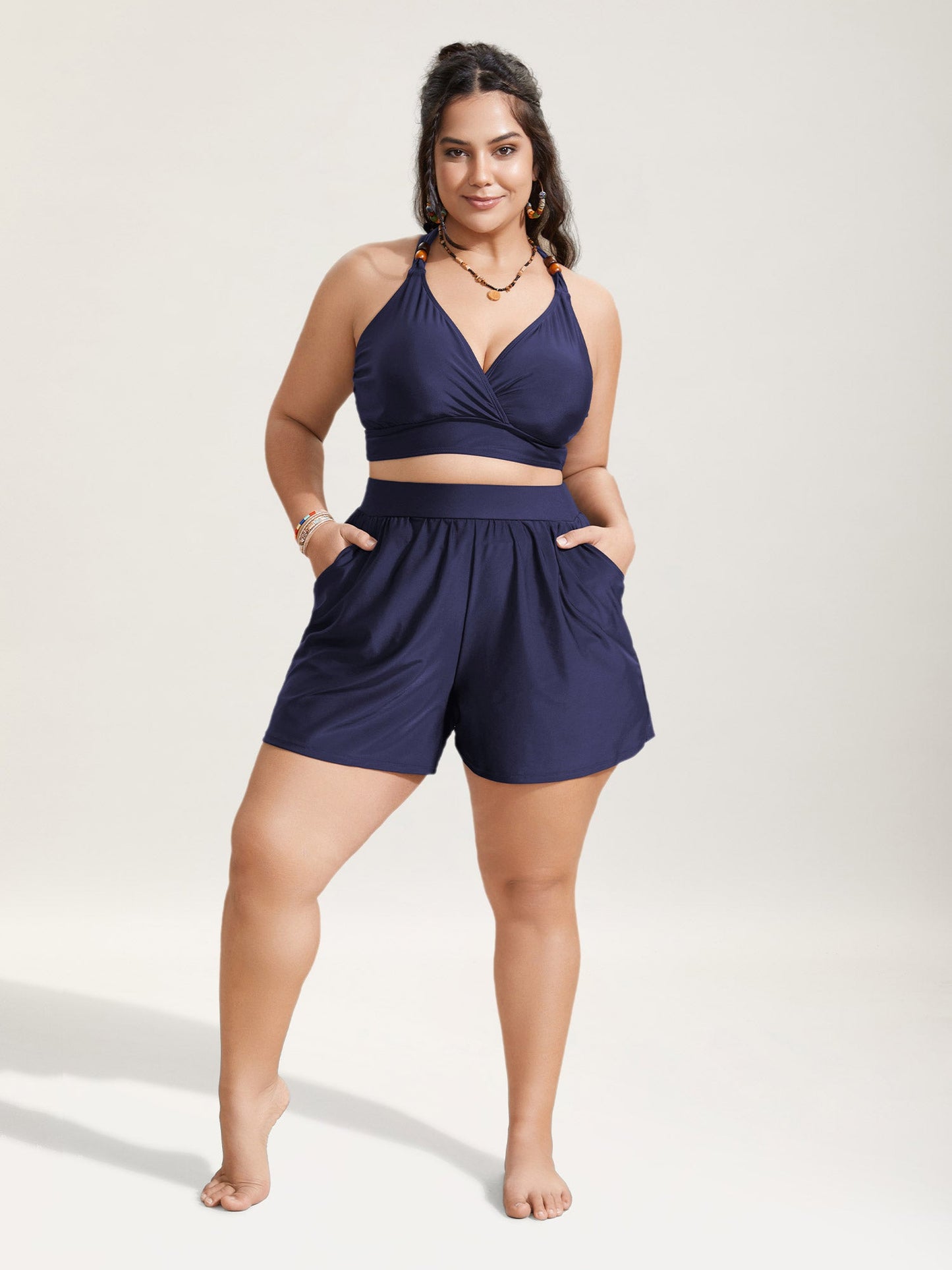 High Waisted Pockets Solid Pleated Swim Bottoms
