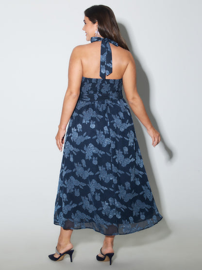 Chiffon Jacquard Halter Neck-Tie Maxi Dress