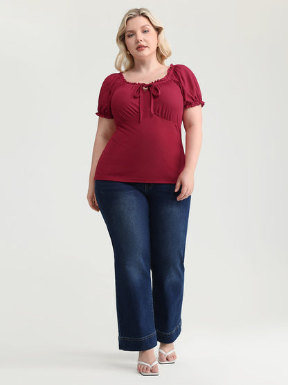 Stretchy Ribbed Drawstring Neckline Knit Top