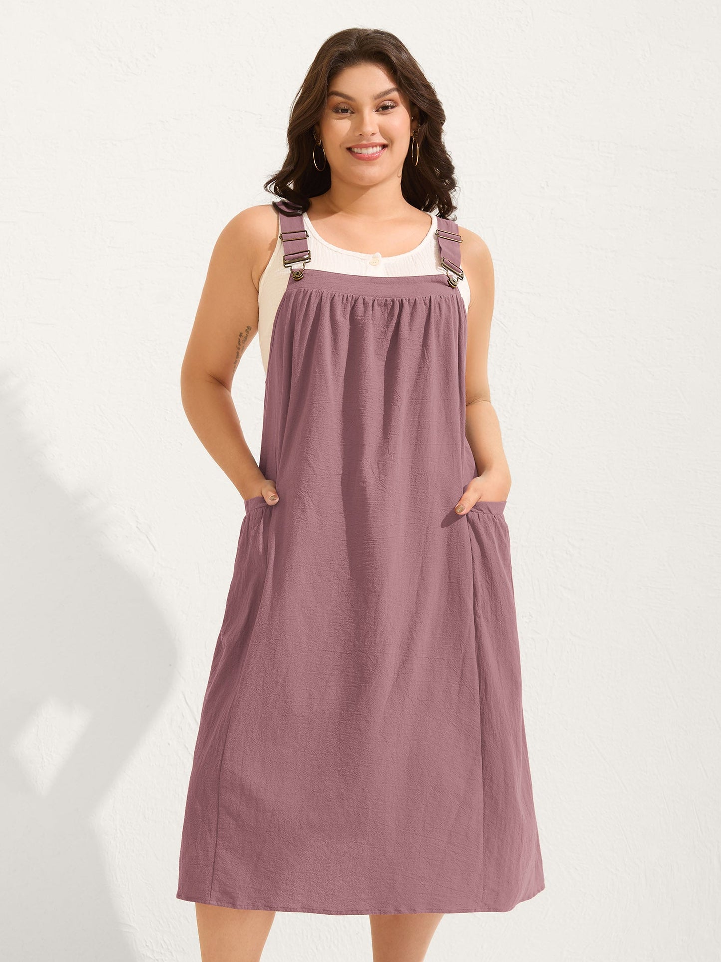 plus size Pure Cotton Pleated Pockets Midi Dress